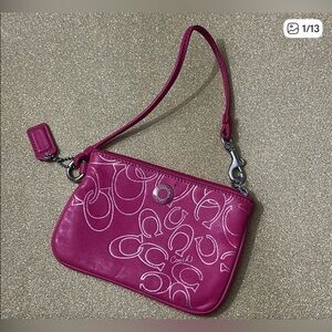 Coach Pink Leather Logo Wristlet Wallet Satin Lined